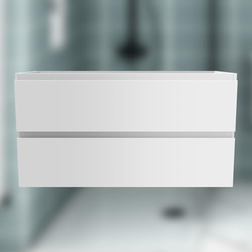 Acezanble Unterschrank Waschtischunterschrank Hochglanz Weiß,Waschbeckenunterschrank mit 2 Schubladen SoftClose Wandmonatge 100x44,5x52cm