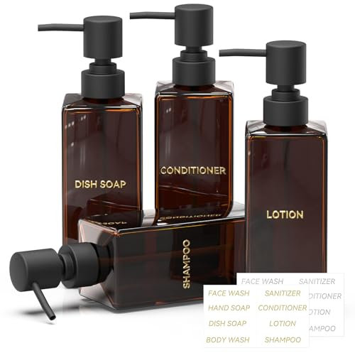 RTUOHUIN Seifenspender Braun, 4er 350 ml Seifenspender Glas Set für Küche und Badezimmer, Moderne Spülmittelspender, Shampoo Flaschen zum Befüllen mit Kunststoffpumpe Wasserdichten Etiketten