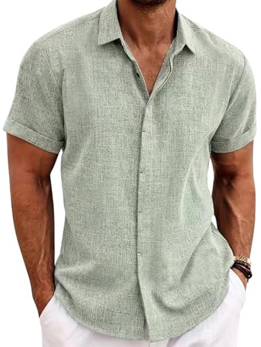 PADOLA Chemise Lin Homme Manches Courtes Boutonnée Chemisette Homme Chemises d'été Unie Chemise de Plage en Coton Coupe Régulière Tee Shirt Décontracté Chemiser (0 Vert Clair, XL)