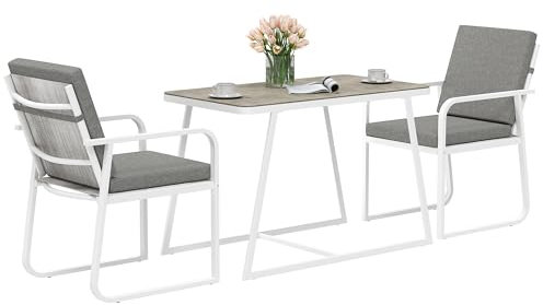 Outsunny 3-TLG. Gartentisch und Stühle, Esstisch-Set mit Glastisch, 2 Außenstühle mit Armlehnen und waschbaren Kissen, Stahl und Textilene Terrassenmöbel-Set, Weiß