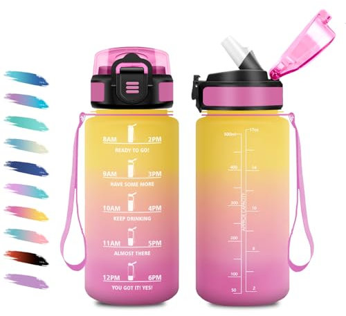 Bouteille 500ml, Gourde Enfant avec Paille, Motivation Bouteille Marqueur de Temps, Facile à Transporter, Étanche & Réutilisable, Gourde Graduée pour Enfant, l'École, Bureau, Randonnée, Fitness