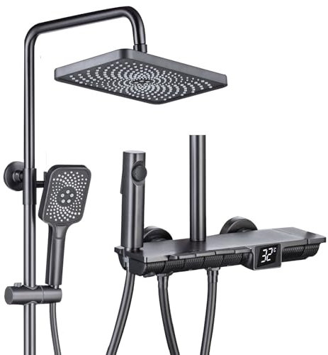 GODFSAHG Ensemble de Douche thermostatique, robinetterie de Douche Design Piano, système de Douche carré 30 x 18 cm avec Robinet de Baignoire, Affichage numérique LED, Alimentation hydroéle