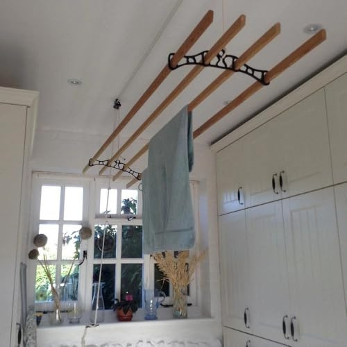 REMI TOOLS Traditional Kitchen Airer Pulley Dryer Kit with 4 Wood Laths Slats 2M Victorian Edwardian Clothes Horse Creel Airer Dryer Kitchen Rack Ceiling Pulley Laundry Drier (Black, 4 slats)