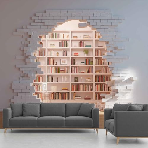 Générique Papier Peint Bibliothèque Autocollant Étagère à Livres Mur De Brique Panoramique Adhésif Intissé pour Salon Chambre Bureau 200x140 cm Couleur White Smoke