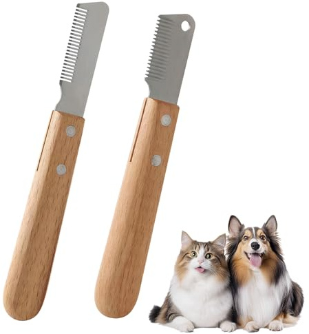 Terraxis 2-teiliges Fellpflege Set für Hunde und Katzen, Hundekamm und kurzes Trimmmesser aus Edelstahl mit Holzgriff, zur Unterfellpflege