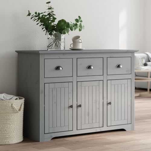 Qnhdfrt Sideboard BODO 115,5x44x80 cm massiv Kiefer grau, französisches Lowboard mit 3 Schubladen & 3 Türen, Landhaus Stil Vorrats-Schrank für Wohnzimmer Flur Esszimmer