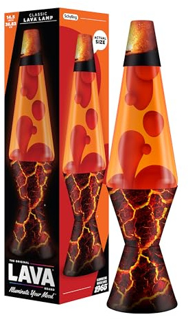 LAVA® – Lavalampe Volcanic Crags 2078, Rotes Wachs, Orangefarbene Flüssigkeit, Dekorativer Sockel und Deckel, Original 14,5 Zoll Bewegungslampe der Marke LAVA®