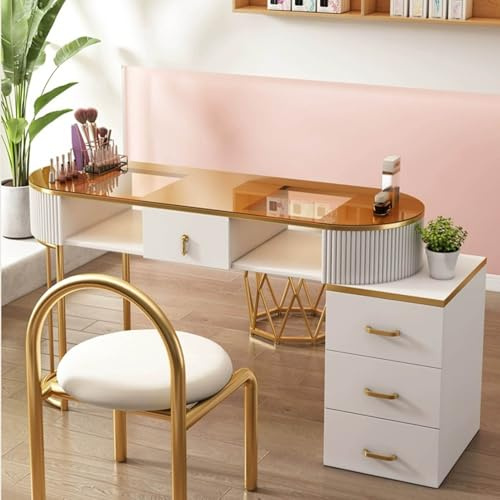 Moderno escritorio de madera para uñas con cristal dorado, almacenamiento de 3 niveles y cajones, mesa de manicura profesional para salón, spa y arte de uñas en casa (80 cm)