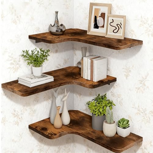 3er Set Wandregal Holz 40cm L-Förmiger Eckregal, Regal Wand Vintage Landhausstil, Eckregal Hängend für Fotorahmen und Dekos, Wohnzimmer, Kinderzimmer, Schlafzimmer, Küche, Badezimmerwand,Vintagebraun