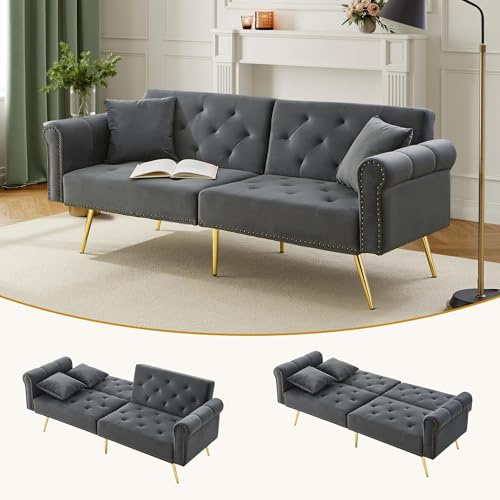 Kebnor Modernes 2-Sitzer-Schlafsofa – Samtbezug, Rückenlehne mit 3-stufiger Verstellung & vergoldete Metallfüße Stilvolles Sofa mit Schlaffunktion – platzsparend, belastbar, ideal für kleine Räume