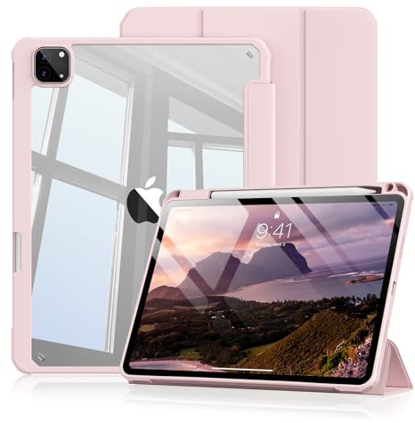 Hülle für iPad Pro 11 Zoll (2022/2021/2020/2018) mit Stiftablage, Rosa | klare transparente Rückseite, dünnes stoßfestes Case mit Ständer – Passend für 4., 3., 2. Generation