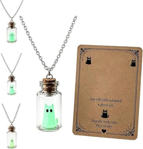 Figskey Glow Ghost Bottle Pendant Necklace,Ghost Necklace,Daily Wear Accessory (Cat)