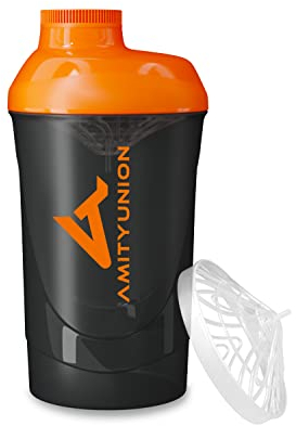 AMITYUNION Protein Shaker Deluxe 800 ml - Shaker protéiné étanche - Sans BPA avec tamis et balance pour des shakes crémeux à base de protéines de lactosérum - Noir Orange