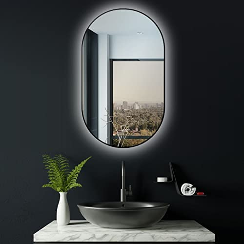 HOKO® Design LED Spiegel Beschlagfrei oval 60x100 cm / 100x60 cm Florenz+ Metall Rahmen Schwarz. HOCH+QUER Montage. Badspiegel groß + 2 Touch Schalter + LED Licht Wechsel-Warmweiß-Kaltweiß-Neutral