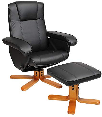 EVRE Armchair With Foot Stool & Reclining Functions Swivel Padded Faux Leather or Fabric (Black, Faux Leather)