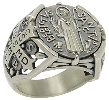 Saint Benedikt Christian Katholische Antike Medaille Sterling Silber 925 Herren Ring Exorzismus Dämonenschutz - 62 (19.7)