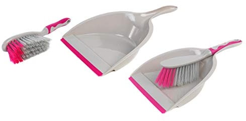 Kleeneze COMBO-4809 Deluxe Space Saving Dustpan and Brush Set of 2 - Sweeping Cleaning Broom with Soft Grip Handle, Compact Dustpan with Rubber Lip, Soft Broom, Collecting Dirt and Dust, Grey/Pink