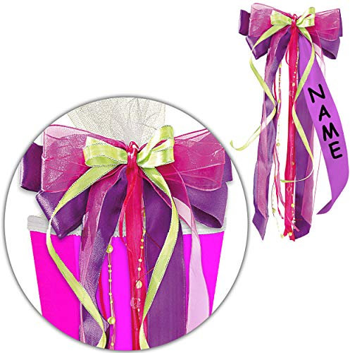alles-meine.de GmbH große 3D Effekt - Schleife - für Schultüte - lila violett/pink & grün - inkl. Name - 24 cm breit u. 50 cm lang - mit edlen Satin Bändern + Perlenband + Tüll..