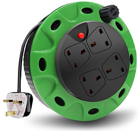ExtraStar 13A Electrical Extension Reel, 4 Sockets Cable Reel with Winding Handle 1100W/3120W Thermal Cut Out, Heavy-Duty Extension Lead with 5 Metre Cord - Green