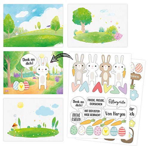 Papierdrachen 12 Osterkarten zum Selbst gestalten und Verschicken - liebevolles Postkarten Set für Kinder - Jede Grußkarte ein Unikat - Set 16 - mit Stickern
