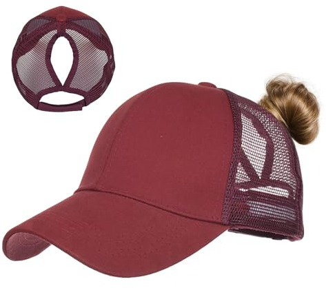 TMEOG Baseball Cap Damen Basecap Frauen Kappe mit Netz Pferdeschwanz Cap mit Loch für Zopf Baseballkappe Sommer Cappy Unifarben Sportkappe Atmungsaktiv(Rot)
