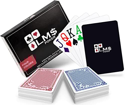 LM$ Pokerkarten Plastik Profi 4 Farben mit Cut Card - [2 x] hochwertige Pokerkarten 54 Blatt - wasserfeste und stabile Spielkarten im Doppelpack – Plastikkarten mit Jumbo Index