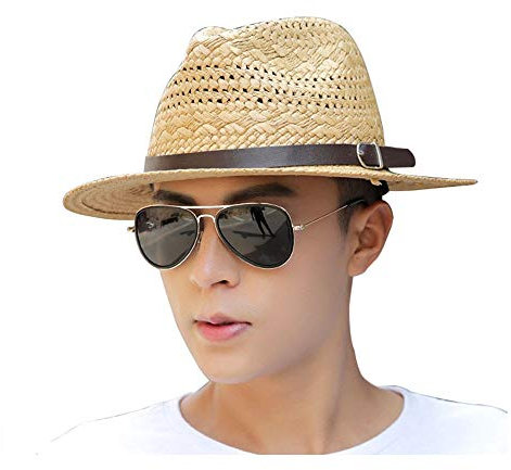 Chapeau de soleil Fedora 2021 pour homme - Style jazz - Été - Printemps - Été - Paille - Décontracté - Couleur : Kaki - Taille : 56-62 cm