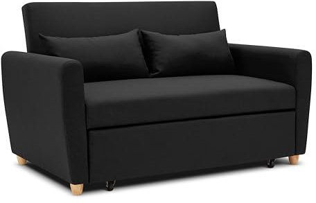 Bravich Pull Out Two Seater Sofa Bed - Black. Modern Contemporary Easy Space Saving Folding Bed Living Room Furniture To Full Size Double Bed. Fabric Couch With Thick Foam Cushions.