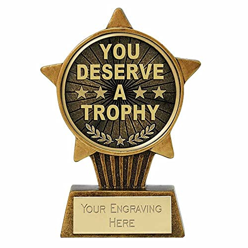 TROPHIESPLUSMEDALS Personalised You Deserve A Trophy Mini Star Award - 10cm | Small 3 7/8 Gold Winner Trophies for Fun Kids Party, Sports, School & Games Reward | Includes Free Metal Plate Engraving