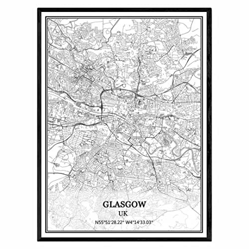 TANOKCRS Glasgow Vereinigtes Königreich Karte Wandkunst Leinwand drucken Poster Artwork ungerahmt moderne Schwarz-Weiß-Karte Souvenir Geschenk Home Decor 51x77 cm