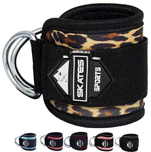 Skates sports Ankle Straps for Cable Machines Attachment 1 Piece Neoprene Padded Double D-Ring Ankle Gym Cuff for Kickback Legs, Abs and Glute Exercise Men women Fitness Workout (Single, Leopard)