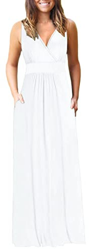 AUSELILY Ete Robe Longue Femme Maxi Robe V Col sans Manches avec Poches Blanc 2XL