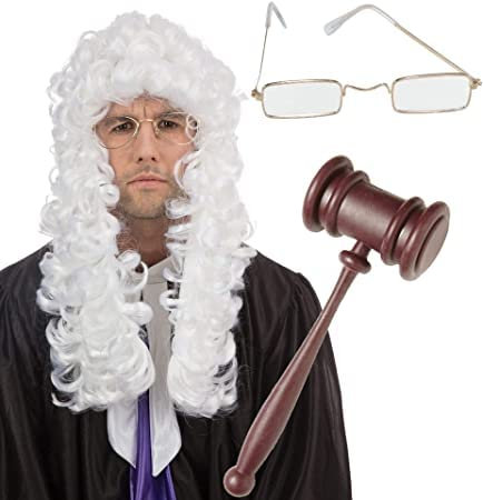 Silver Fancy Dress Baroque LORD JUDGE Fancy Dress Costume Set Judge Wig, Gavel Hammer, Judge Gold Spectacles Aristocrat, Lord, Judge, King, Noble Dress Up for Party, Carnival