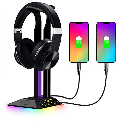Annadue RGB Kopfhörer Ständer, Headset Halterung mit 2 USB Anschlüssen, Gaming Headset Ständer Kopfhörer Halter für alle Kopfhörer, Schwarz