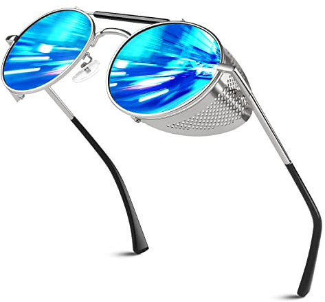 Sunier Sonnenbrille Herren Polarisiert Retro Rund Steampunk Metall Seitenschutzbrille Gothic Damen Brille