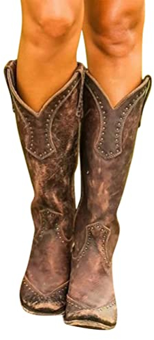 Minetom Langschaft Stiefel Damen Cowboy Stiefel Retro Reißverschluß Boots Blockabsatz Winter Herbst Stiefel Westernstiefel Halbhohe Stiefel A Braun 39 EU