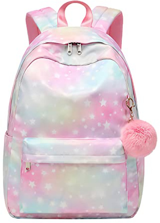 Leichter Schulrucksack für Mädchen & Teenager ab 8 Jahren, Sterne, Pompon | Farbenfrohes Pastell-Design, leicht, wasserabweisend, A4-tauglich, Innenfach für Laptop bis 14 Zoll, mit Pompon