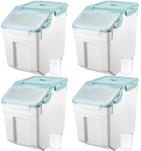 Sunnyray 4 Pcs Grain Rice Storage Container Blue Flour Bin with Wheels Cup Leak Proof Pet Food Storage Boxes Seal Locking Lid Plastic Rice Containers Set for Cereal Flour Cat Dog Food Kitchen