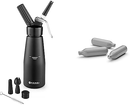 HENDI Sahnespender, Inklusive Set aus 3 Polypropylen Spritztüllen und Reinigungsbürste, Sahne-Mousses-Desserts-kalten Schäumen, 0,5L, ø80x(H)260mm, Schwarz, Black & Sahnekapseln, Stückzahl: 50