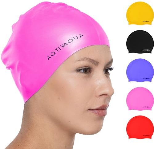 AqtivAqua Gorro Piscina Mujer y Hombre, Gorro Natacion de Silicona 100% Impermeable, Adecuado para Niños y Adolescentes, Gorro de Baño Elástico para Mantener el Cabello Seco (Rosa)