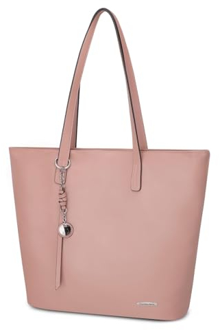 Pomelo Best Sac Tote Grand Format, Sac Bandoulière Femme avec Pompon Éclair et Poches - Sac à Main en Couleurs Classique et Cuir Synthétique - Idéal Cadeaux pour Anniversaires, Noël - Rose Uni