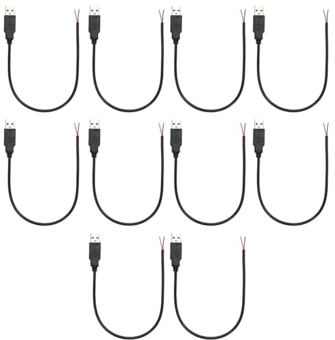 Greluma 10 Pz Pigtail USB da 0,3 m, cavo USB 2.0 a 2 fili 22 AWG, estremità aperta a filo nudo a 2 pin, cavo USB maschio da 0,3 metri, cavo di alimentazione con presa USB 12 V 3 A