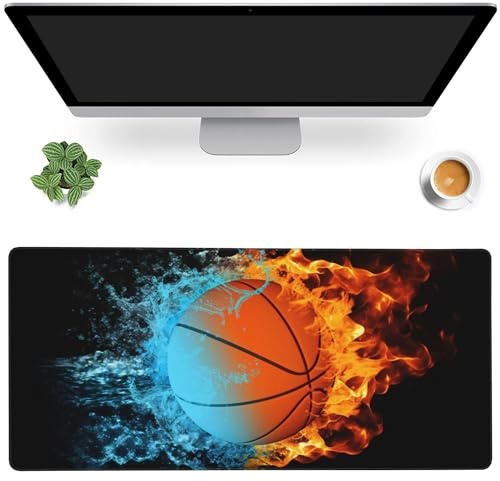 Grand tapis de souris de jeu, ballon de basket-ball dans le feu et l'eau, grand tapis de souris étendu avec base en caoutchouc antidérapant, tapis de souris pour bureau, jeu, maison, 90,9 x 40 cm
