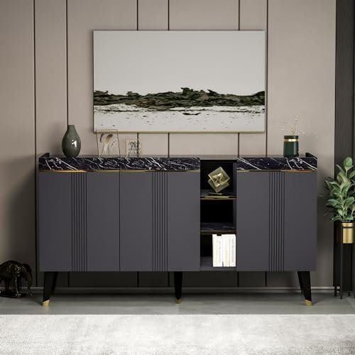 HOMIDEA KARYA Console - Commode - Buffet - Meuble TV - avec 3 Portes au Design Moderne - 150 x 81,8 x 41,8 cm (Console - Anthracite/marbre)