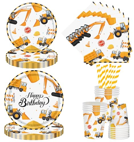 Aitsite Lot de 50 assiettes de fête sur chantier de construction, pour 10 invités, décoration de fête, assiettes, gobelets, serviettes