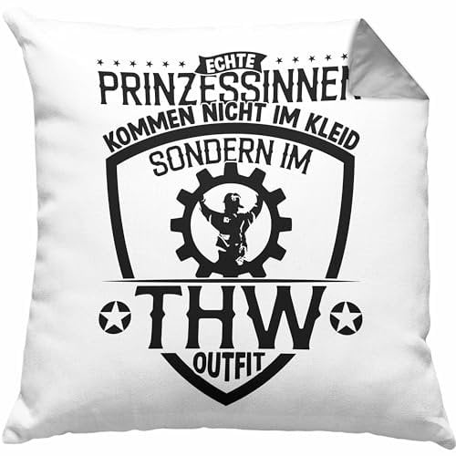 Trendation THW Kissen mit Füllung 40x40 Geschenk Frauen Echte Prinzessinnen Kommen Nicht im Kleid Sondern Im THW Outfit (Grau)