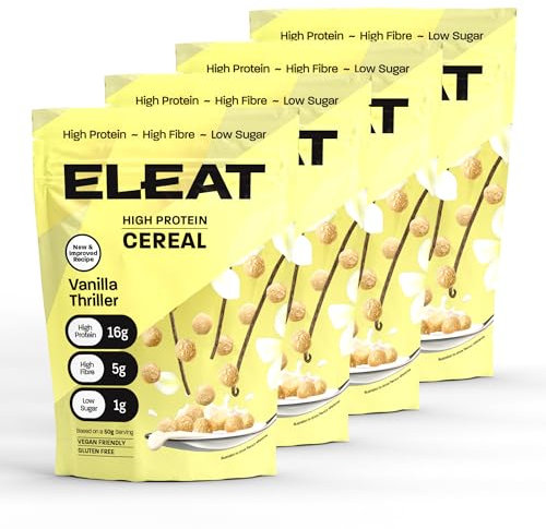 ELEAT | High Protein Low Sugar Vegan Cereal | High Fibre Healthy Gluten Free Breakfast | Complete Plant Protein | Low GI Carbs for Sustained Energy & Muscle Recovery | (Vanilla Thriller x 4)