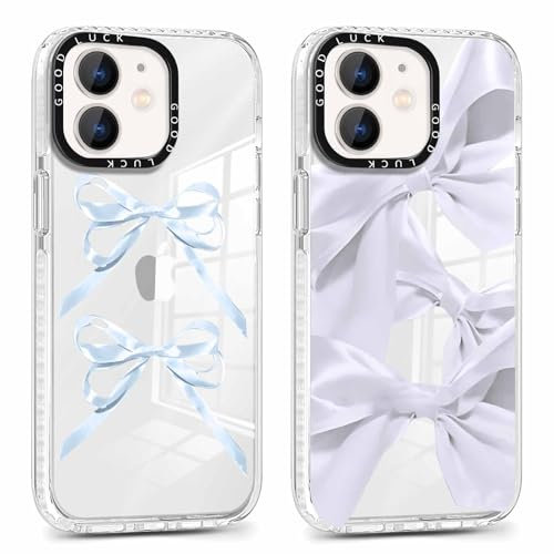 RUMDEY 2 Pack Clear Bow Phone Case for iPhone 11 6.1 inch, Cute Aesthetic Pattern Design Protective Soft Slim Shockproof TPU Bumper Cover for Girls Woman-Blue Bow