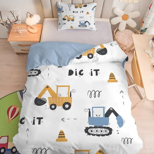 Linfye Kinderbettwäsche 100x135 cm Baby Bettwäsche Set LKW-Junge Weich Bettbezug 2 Teilig mit Reißverschluss - Weißer Traktor Kinder Bettbezüge 100 x 135 cm + 1 Kissenbezug 40x60 cm