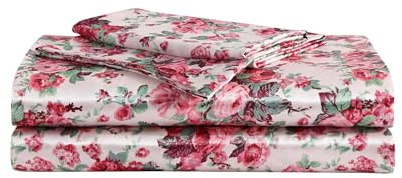 Betsey Johnson - Twin Bed Sheets, Satin Bedding Set with Matching Shams, Smooth & Silky, Dorm Essentials (Vintage Floral Pink)